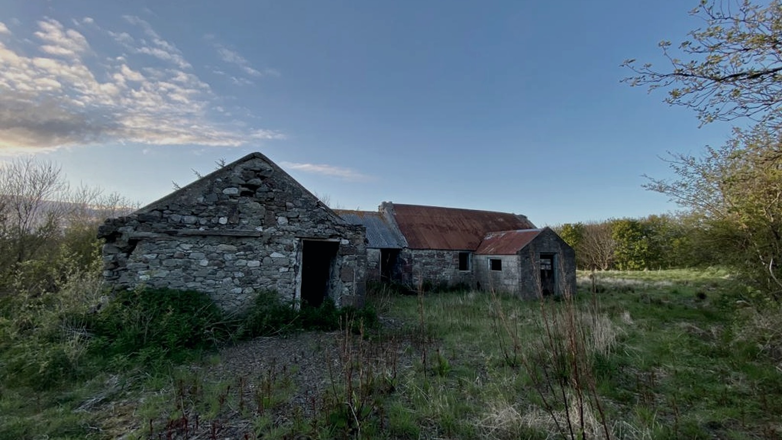 The abandoned farm buildings surrounded by overgrowth and old stone.